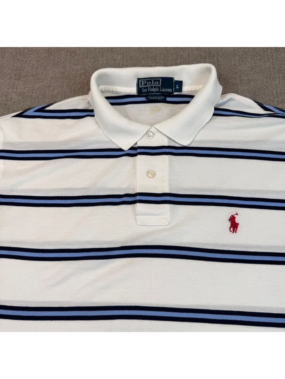 Polo Ralph Lauren Vintage White Striped Pima Cotton Polo Shirt Mens L Red Pony